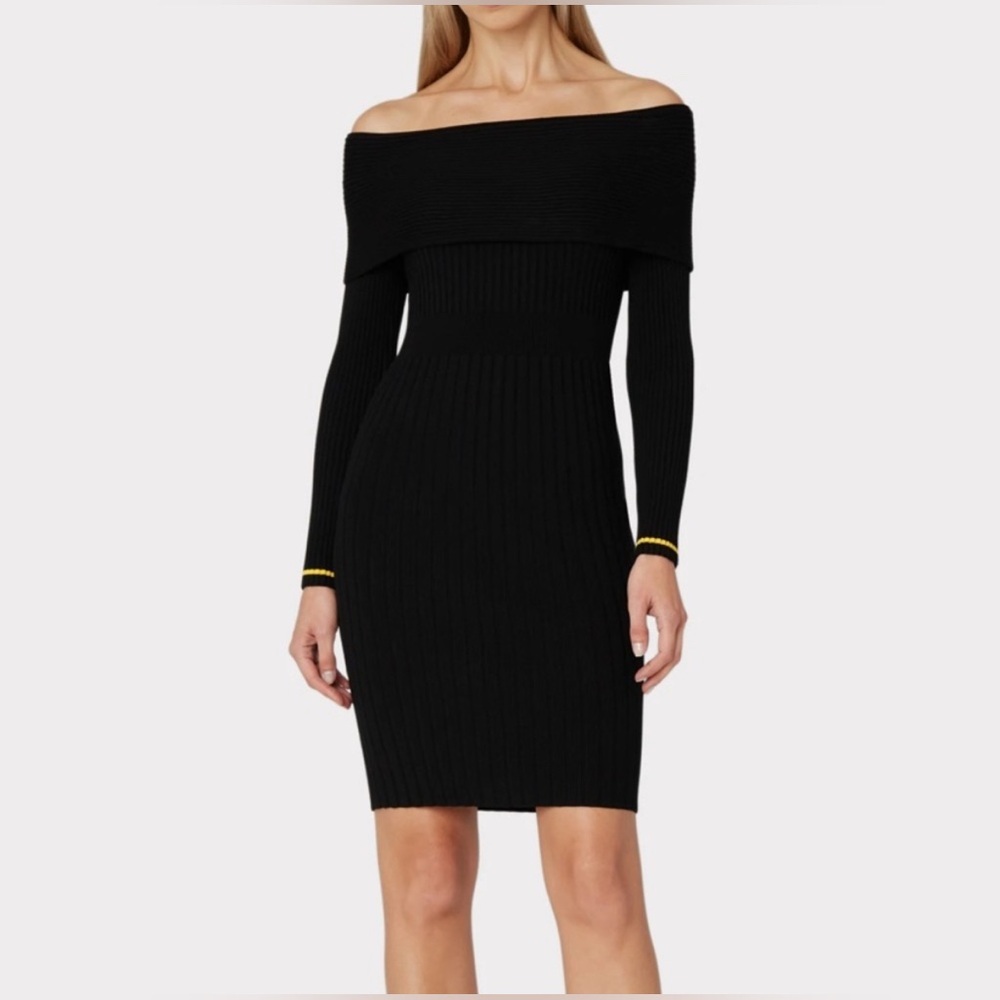 Milly Black Ribbed Off the Shoulder Ribbed Knit Dress $395